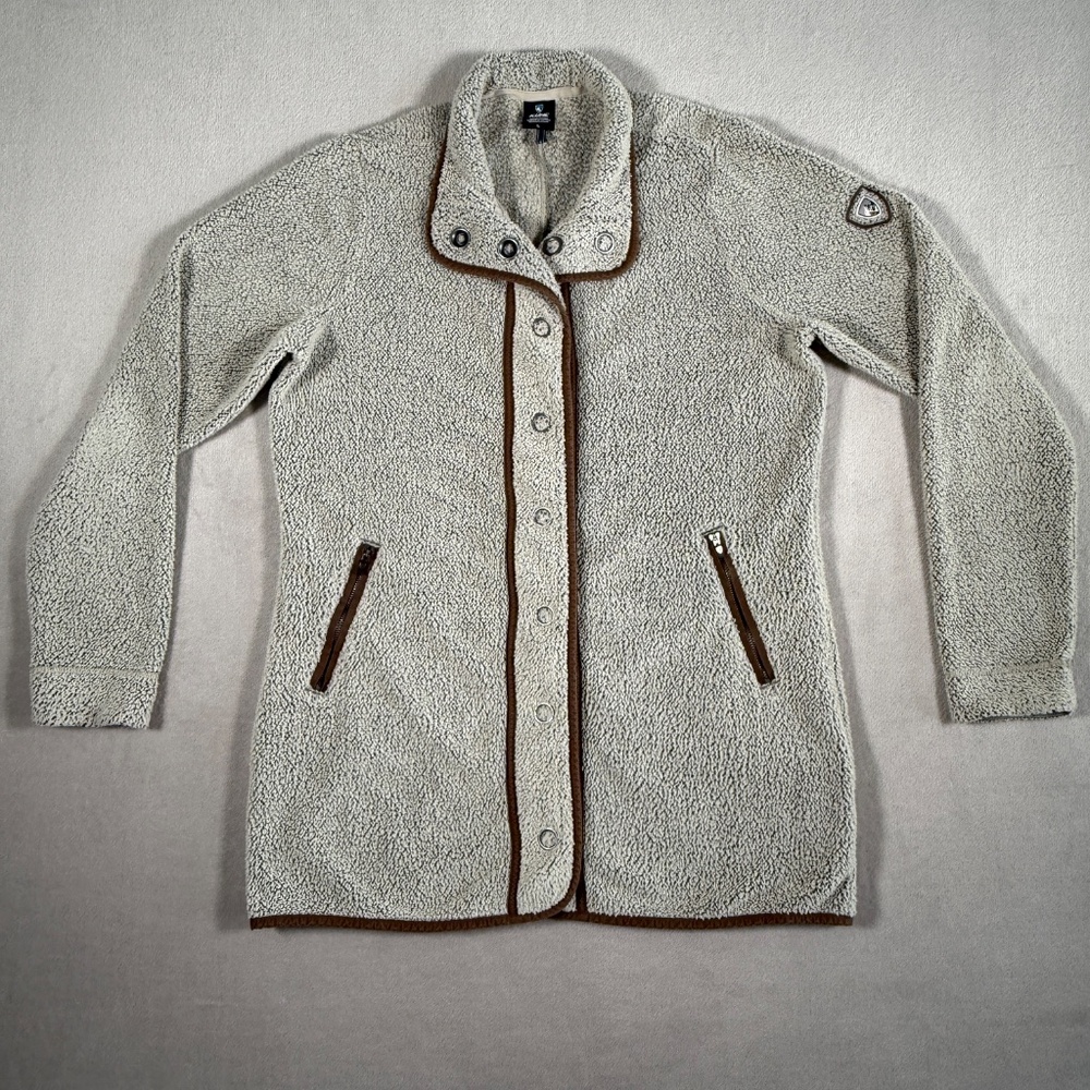 Kuhl Jacket Womens Large Beige Brown Klifton Long Snap Front Fleece Lightweight